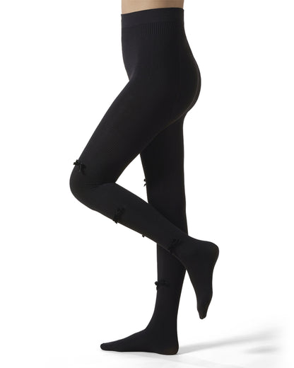 Women's Ribbed Velvety-Bow-Trimmed Cotton Blend Tights : Color: Black