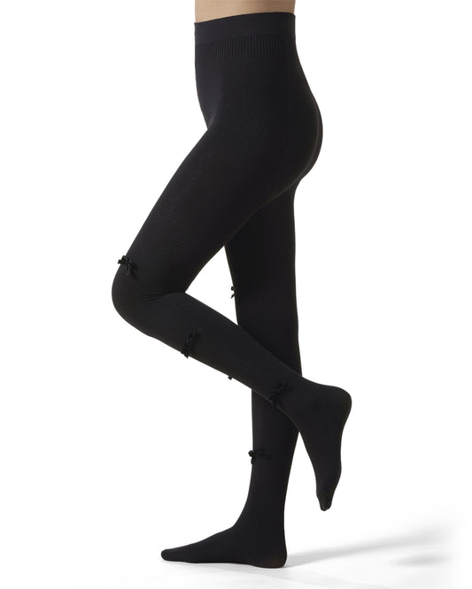 Women's Ribbed Velvety-Bow-Trimmed Cotton Blend Tights : Color: Black