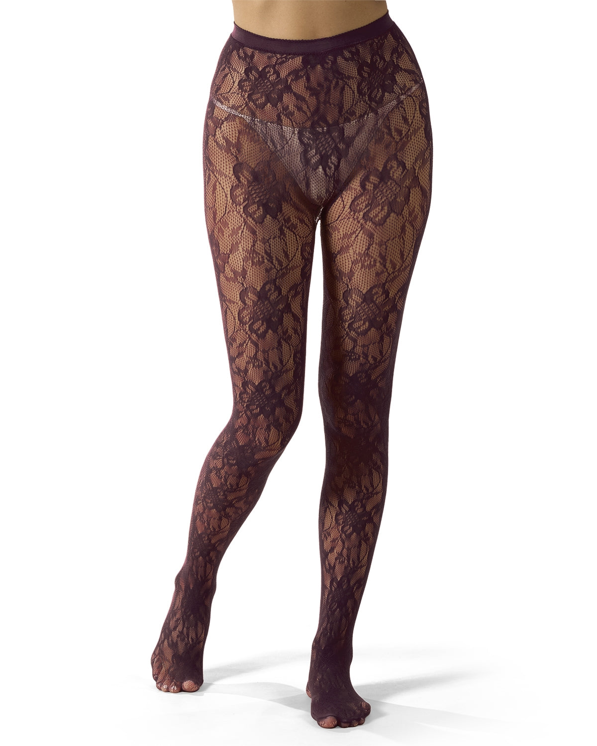 Women's "Blooming Floral" Fashion Net Tights : Color: Burgundy
