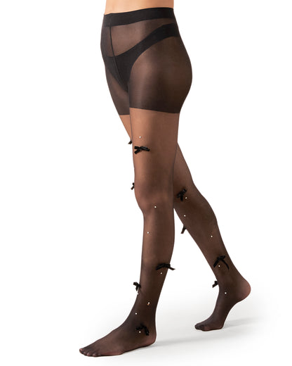 Women's Sheer Fashion Velvet Bows and Faux Pearl Studded Tights