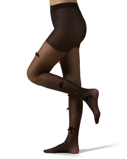 Women's Sheer Fashion Velvet Bows and Faux Pearl Studded Tights : Color: Black