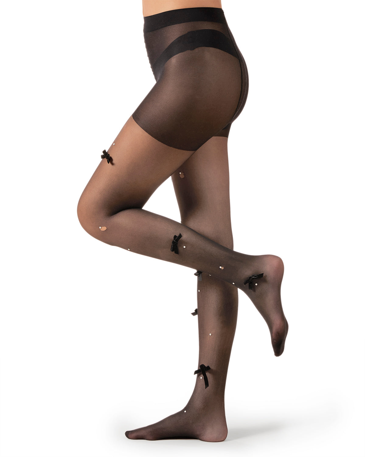 Women's Sheer Fashion Velvet Bows and Faux Pearl Studded Tights