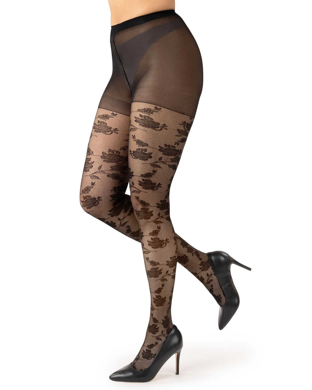 Women's Silky-Sheer Rose-Vine Patterned Non-Control Fashion Tights