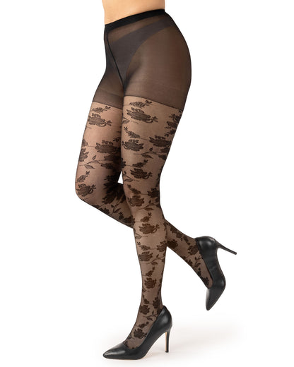 Women's Silky-Sheer Rose-Vine Patterned Non-Control Fashion Tights