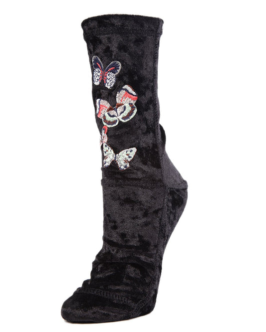Butterfly-Embroidered Crushed Velvet Crew Socks : Color: Black