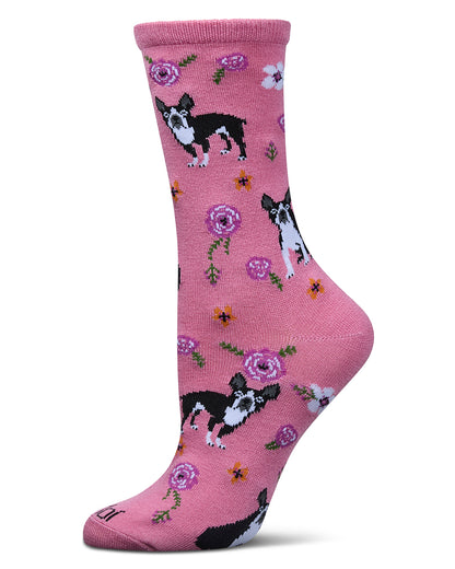 French Bulldog and Roses Bamboo Blend Crew Novelty Socks : Color: Mauve Glow