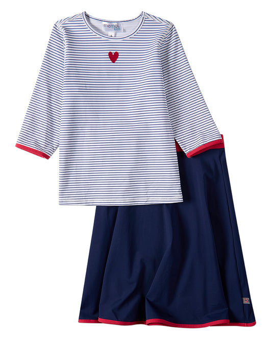 2 Piece Girls Heart-Theme Mini-Stripe Pull-On UPF 50 Modest Swim Set
