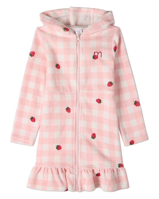 Girls Strawberry Gingham Cotton-Rich Terry Full-Zip Hooded Robe