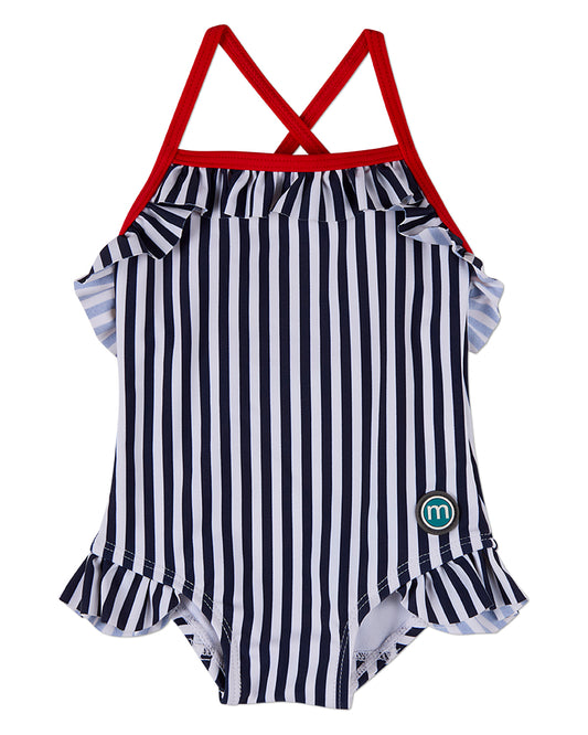 Girls Nautical Striped Ruffle-Trim Quick-Dry UPF 50 Racerback Swimsuit