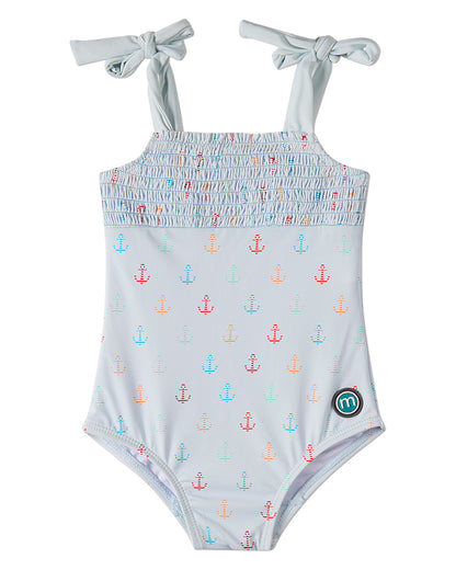 Girls "Sail and Anchor" Shirred Tie-Strap Quick-Drying UPF 50 Swimsuit
