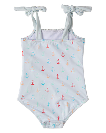 Girls "Sail and Anchor" Shirred Tie-Strap Quick-Drying UPF 50 Swimsuit