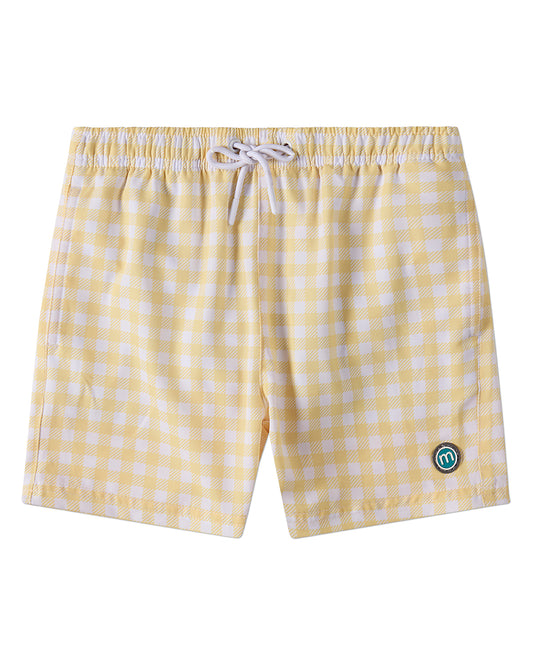 Boys "Swimmers Club" Quick-Dry UPF 50 Gingham Swim Trunks with Pockets