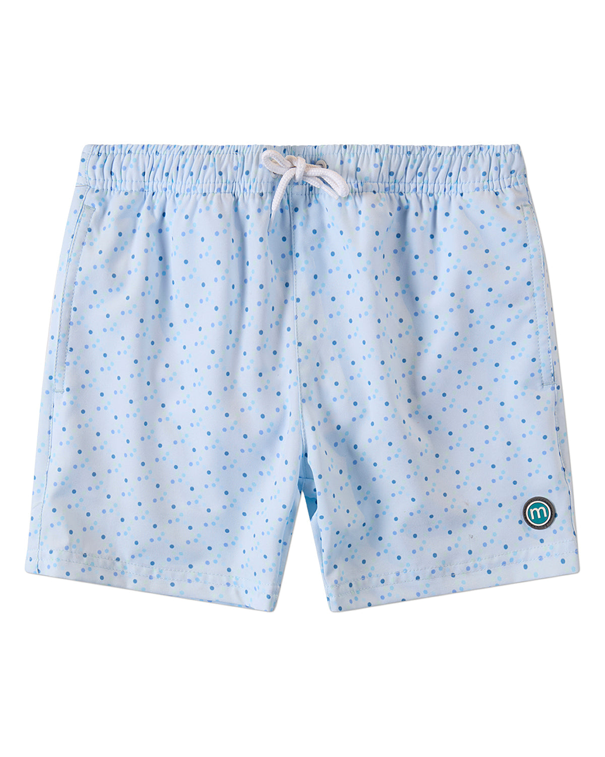 Boys Dot-Print Quick-Dry UPF 50 Swim Trunks with Pockets and M Logo