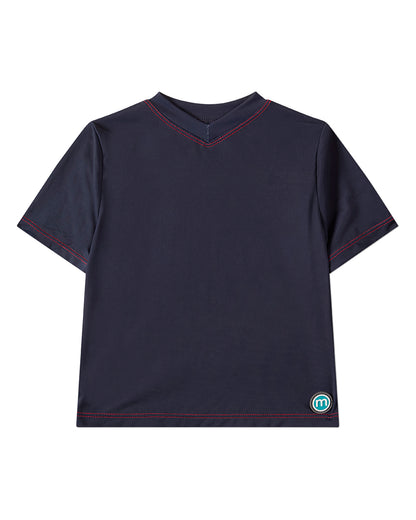 Boys Nautical Navy Blue Quick-Dry UPF 50 Short-Sleeve V-Neck Swim Tee
