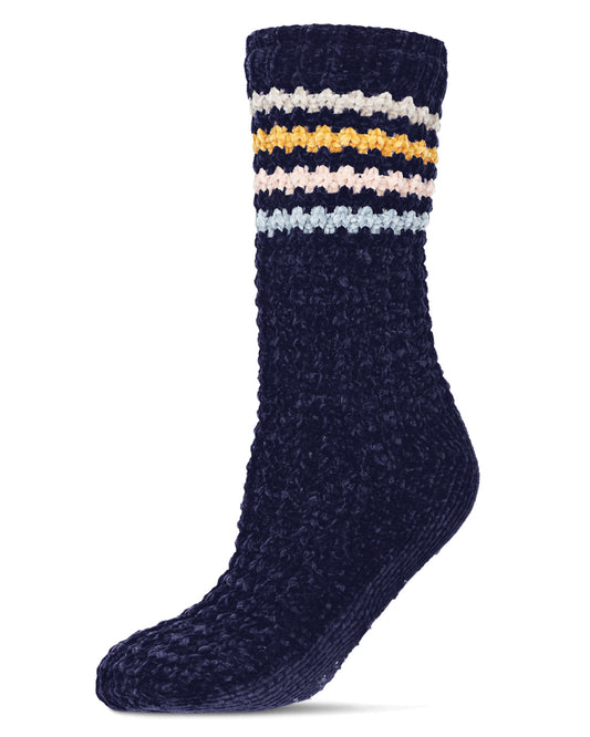 A single navy blue textured knit sock with horizontal stripes in cream, mustard yellow, light pink, and light blue near the cuff, shown on a plain white background.