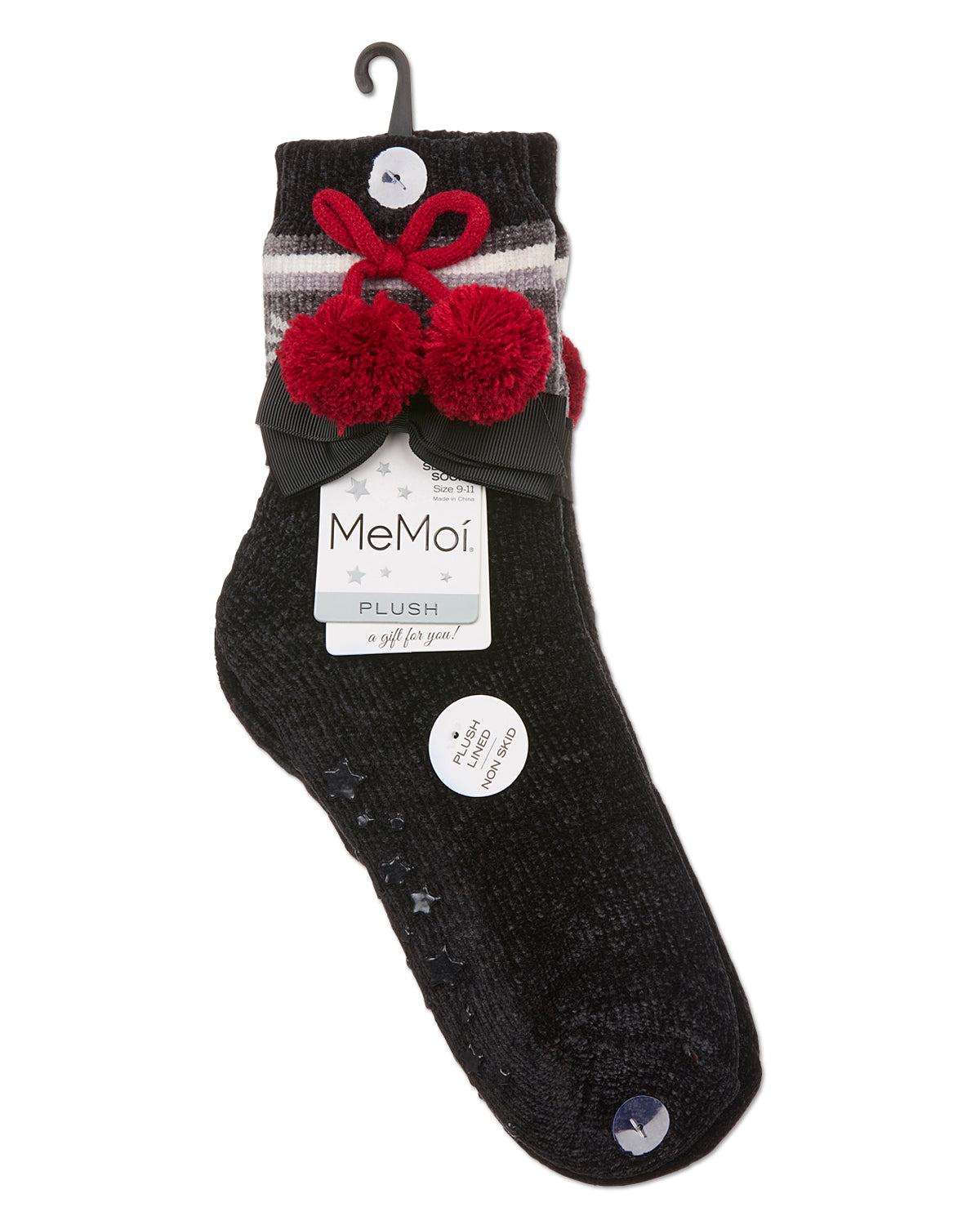 Women's Snowflake Pom Pom Plush-Lined Slipper Socks : Color: Black