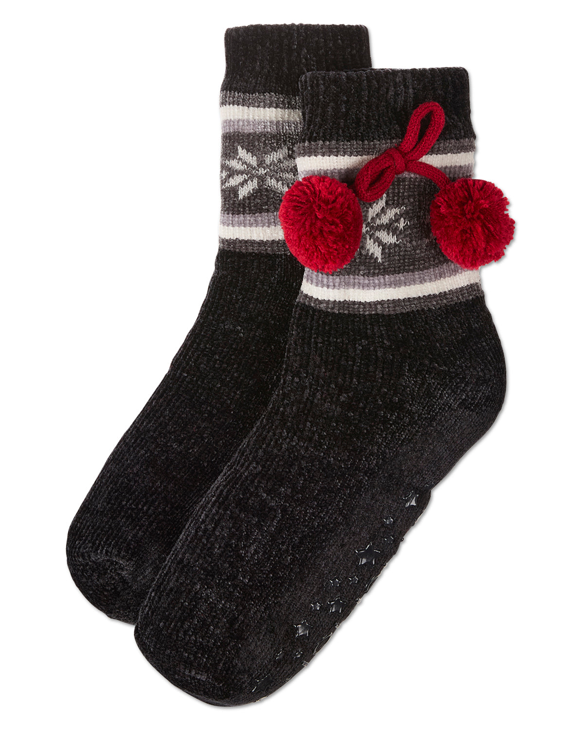 Women's Snowflake Pom Pom Plush-Lined Slipper Socks : Color: Black