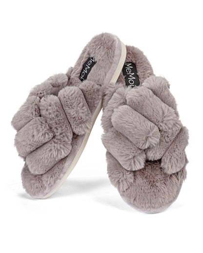 Women's Double Cross Plush Slippers : Color: Gray