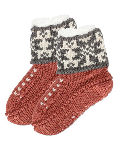 Women's Snowflake Border Recycled Knit Sherpa Lined Lounge Socks : Color: Deep Mauve