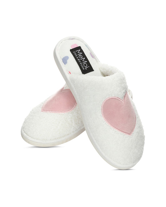 Women's Multi Hearts Terry Slide Slippers : Color: White