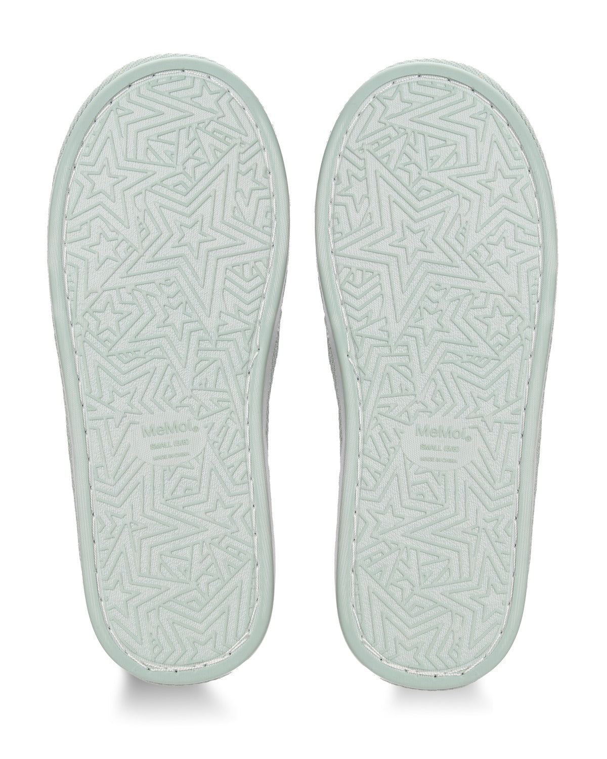 The soles of a pair of shoes shown from the bottom, featuring a light mint green color with an embossed geometric star pattern and the brand name 'MAMOO' printed near the heel.