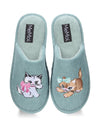 A pair of light blue ribbed slip-on slippers with plush lining and embroidered cartoon kittens on the front. The brand name 'MeMoi' is visible on black labels inside the soles.