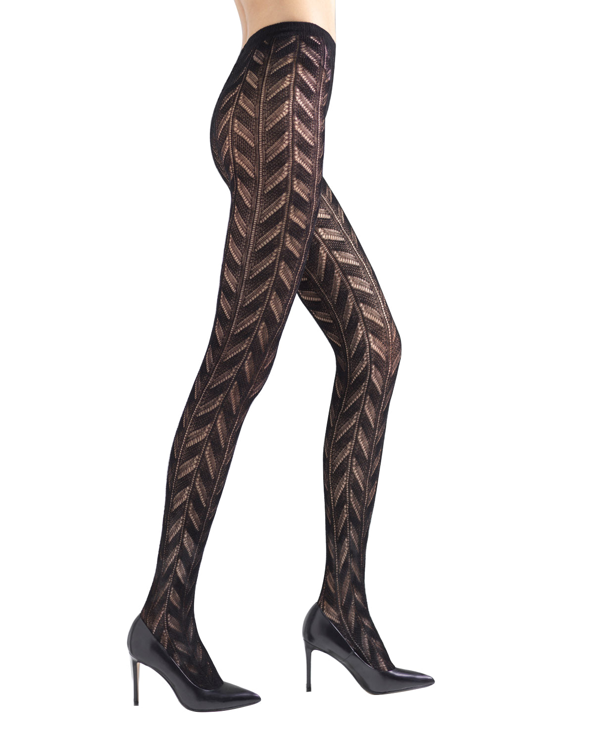 Black sheer hosiery with a metallic bronze chevron pattern, shown on a model's legs paired with black pointed-toe high heels against a white background.