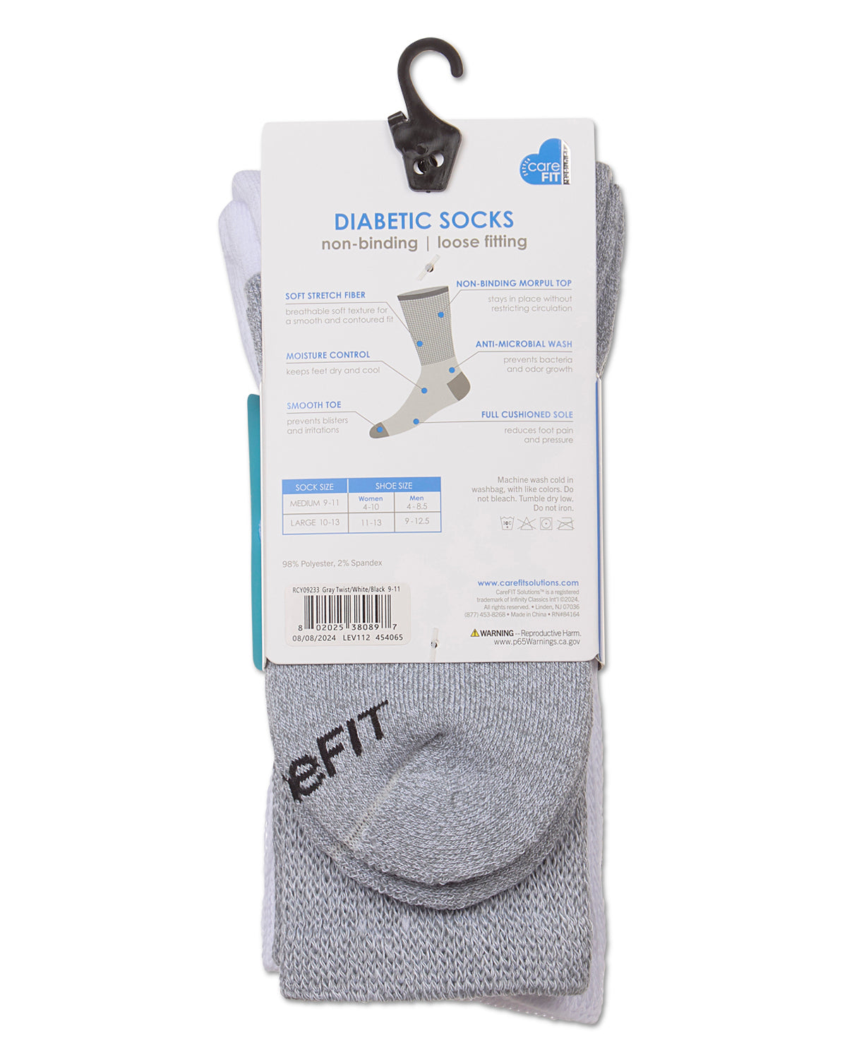 3 Pair Pack Full Cushioned Antimicrobial Diabetic Crew Socks : Color: Gray Twist/White/Black