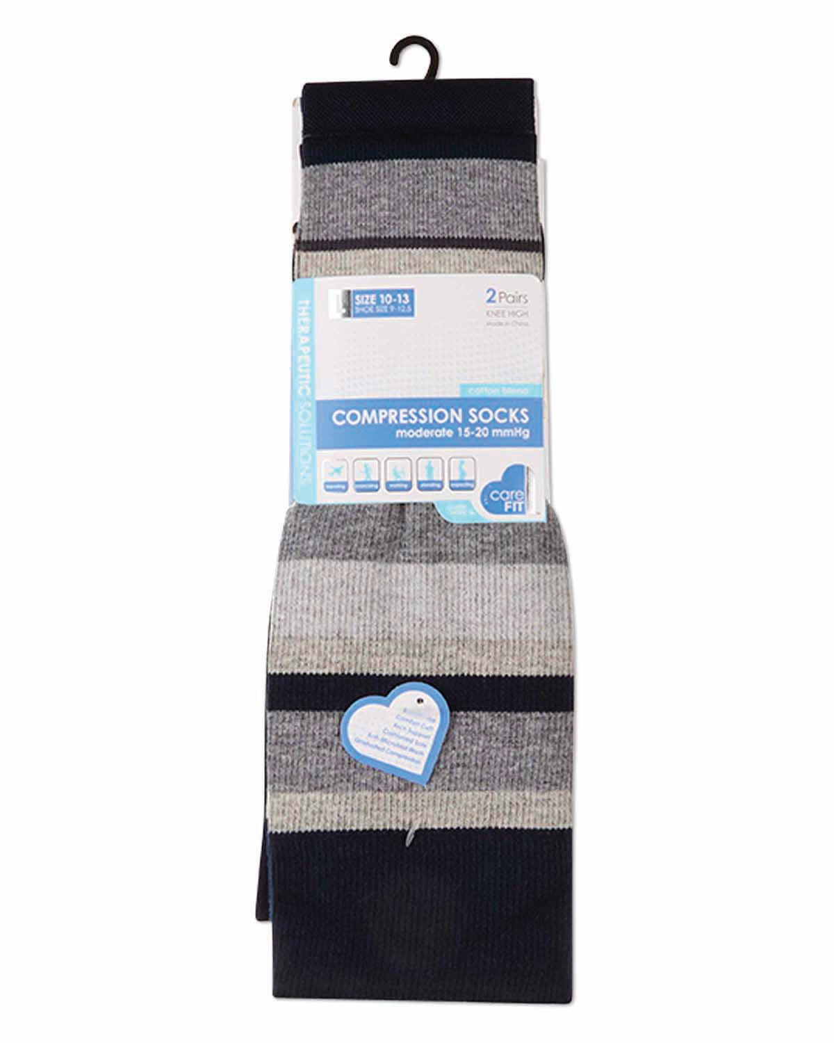 2 Pair Pack Stripe Tipped Solid Cotton Blend Graduated Compression Socks