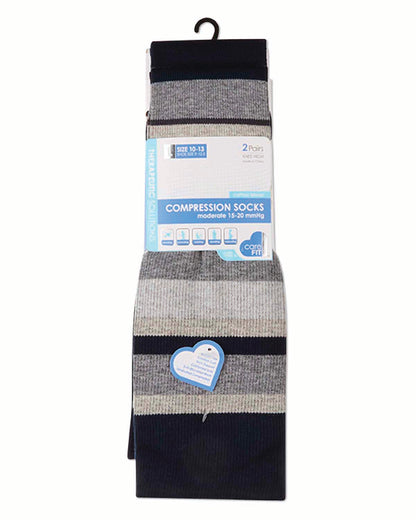 2 Pair Pack Stripe Tipped Solid Cotton Blend Graduated Compression Socks