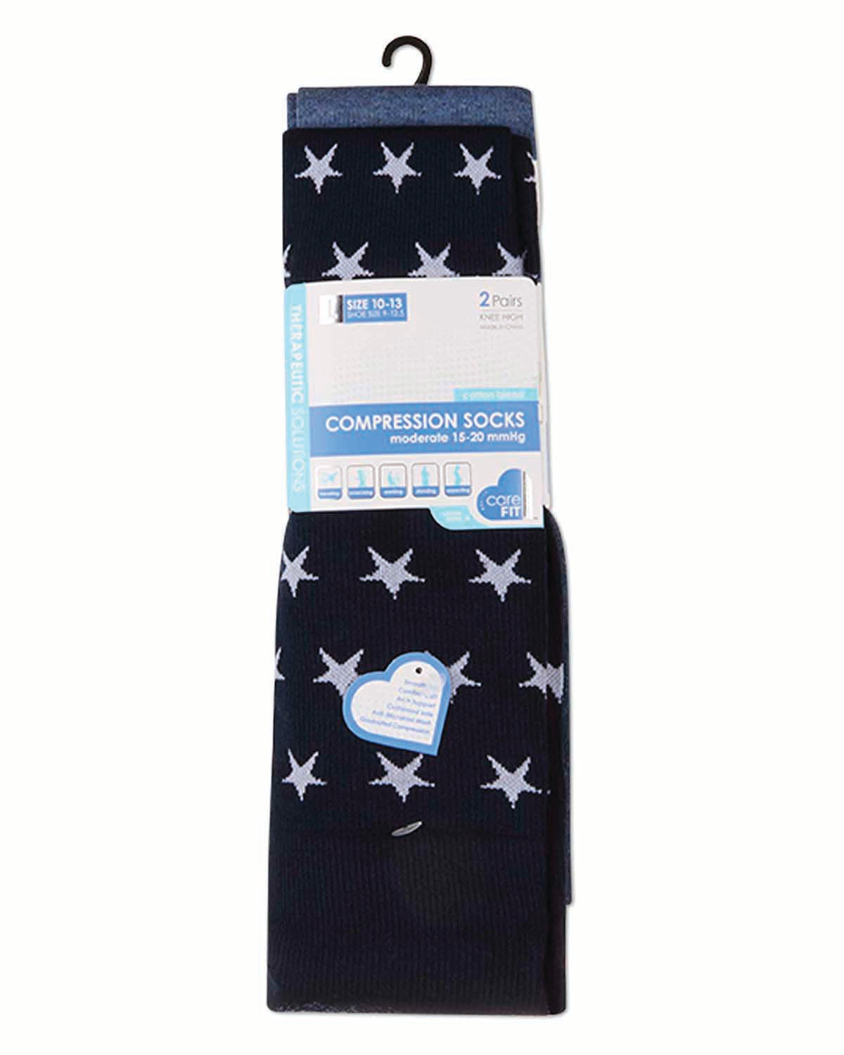 2 Pair Pack Stars Solid Cotton Blend Graduated Compression Socks