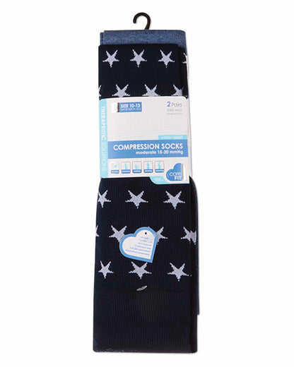 2 Pair Pack Stars Solid Cotton Blend Graduated Compression Socks