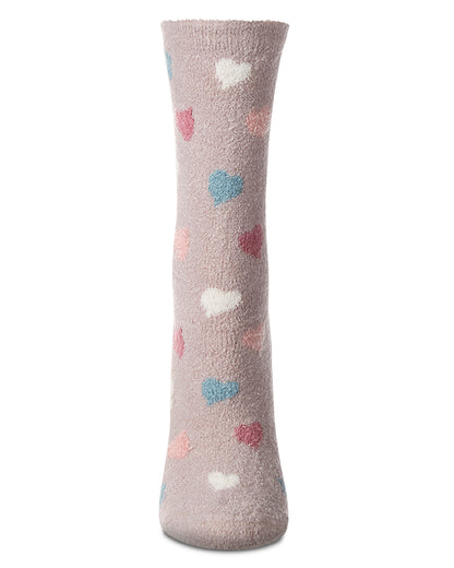 Women's "All Over Hearts" Non-Skid Lavender Infused Crew-Length Cozy Spa Sock : Color: Cement