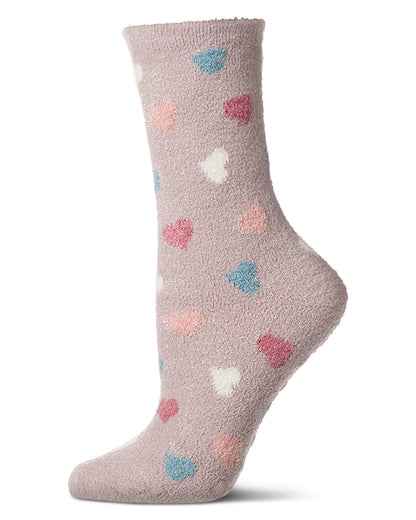 Women's "All Over Hearts" Non-Skid Lavender Infused Crew-Length Cozy Spa Sock : Color: Cement