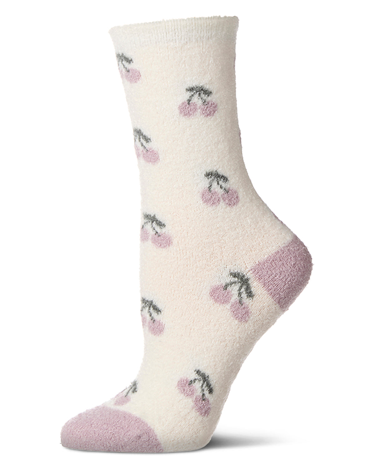 Women's "Cherries" Non-Skid Lavender Infused Crew-Length Cozy Spa Sock : Color: Ivory