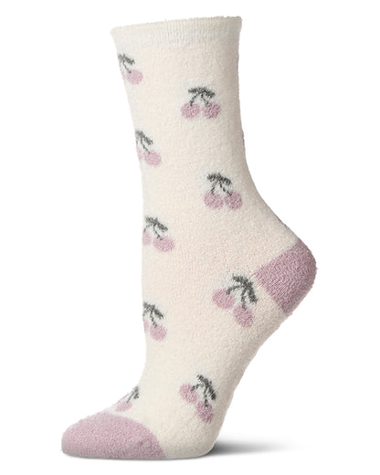 Women's "Cherries" Non-Skid Lavender Infused Crew-Length Cozy Spa Sock : Color: Ivory