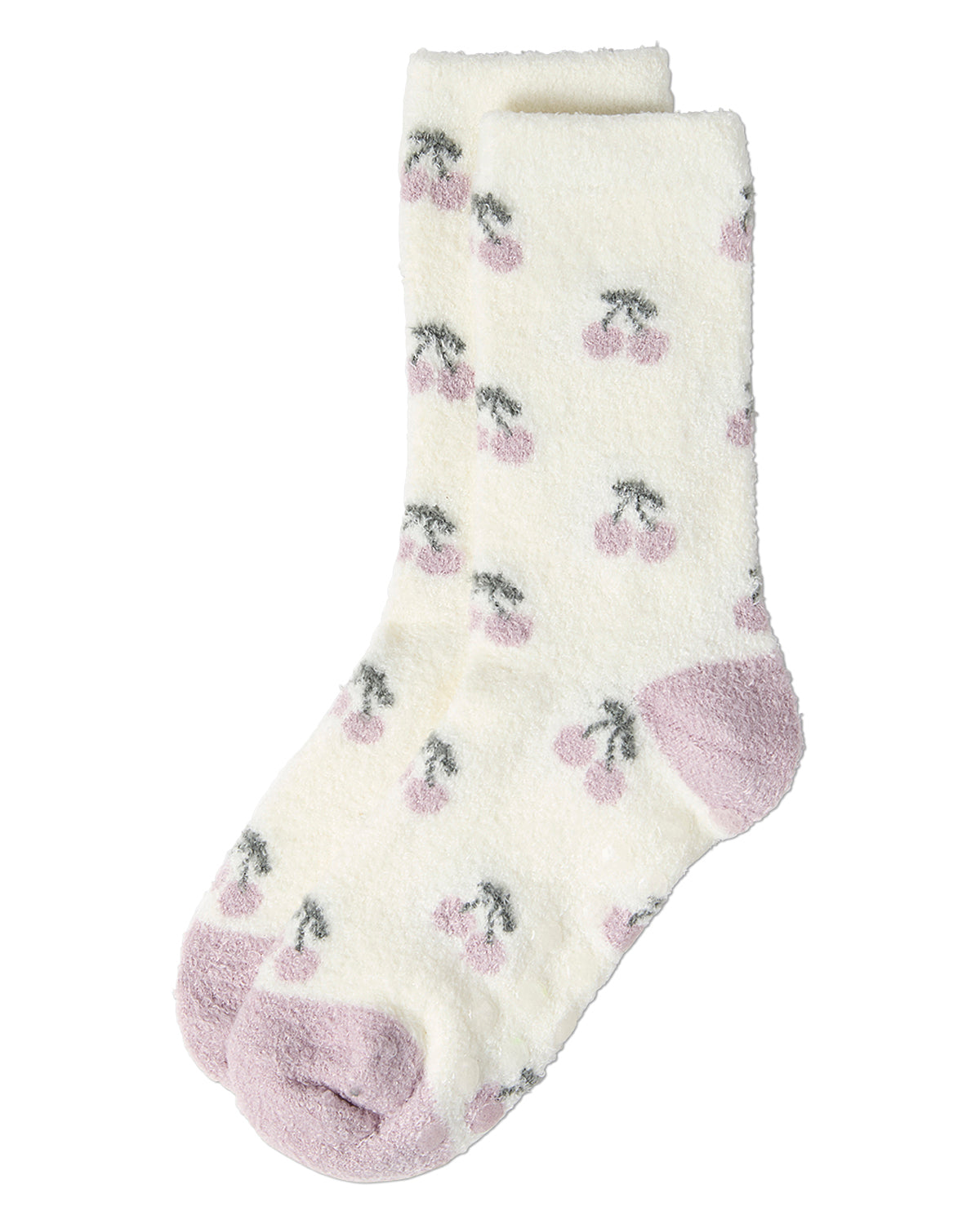 Women's "Cherries" Non-Skid Lavender Infused Crew-Length Cozy Spa Sock : Color: Ivory