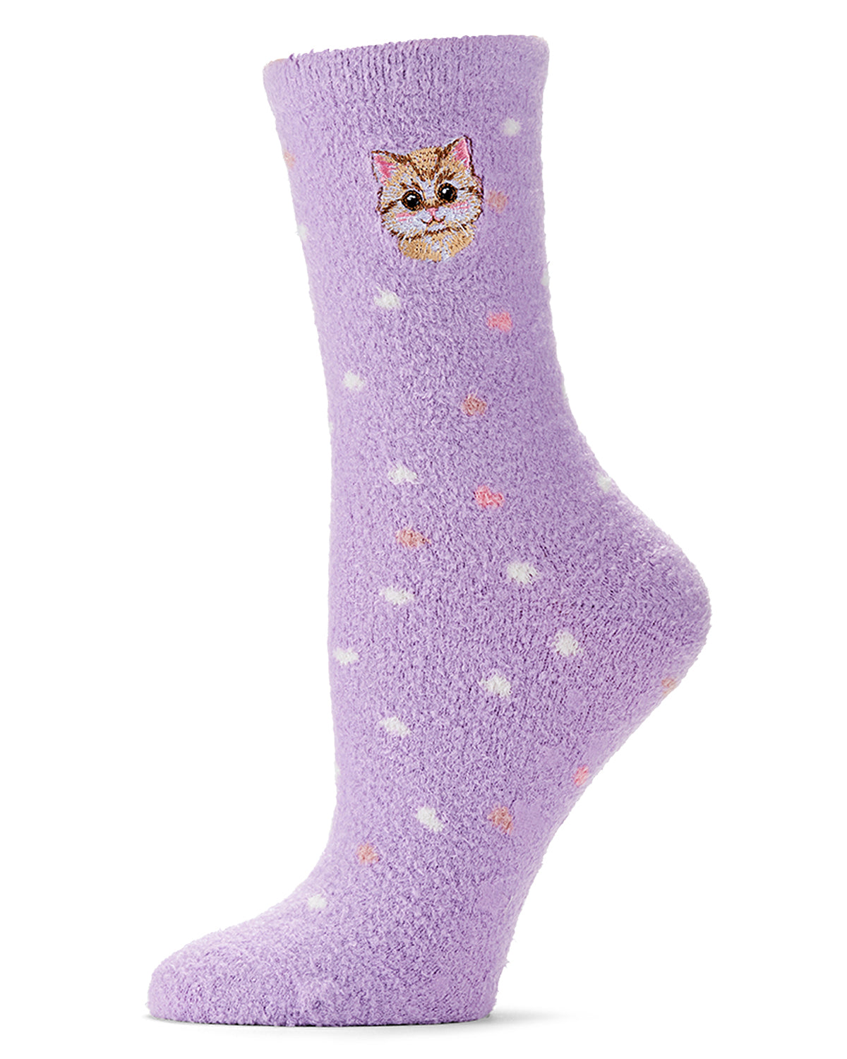 Women's Kitty-Embroidered Plush Non-Skid Shea-Butter-Infused Crew Sock