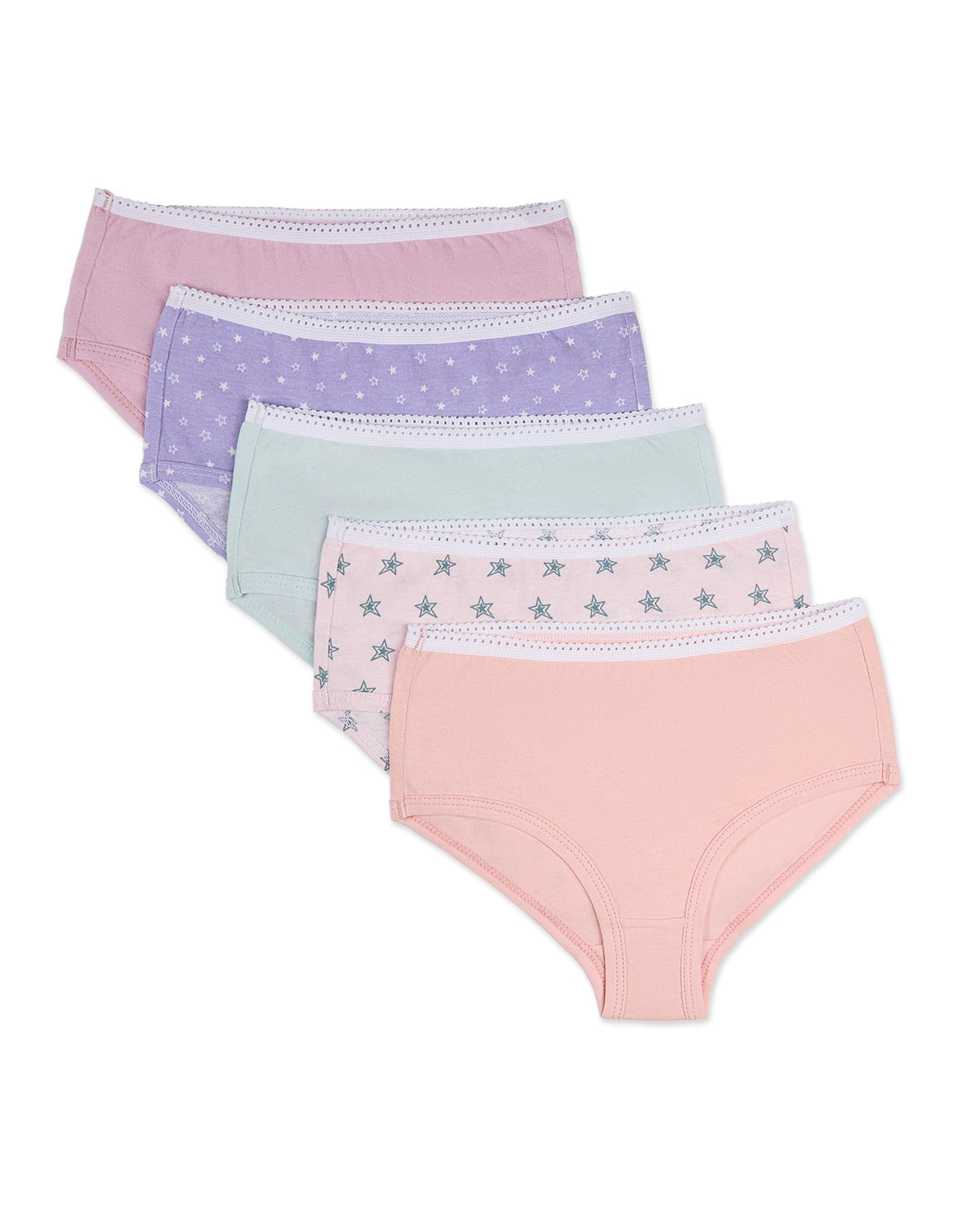 5 Pair Girls "Be A Star" 100% Cotton Brief Panties : Color: Pastel MIx