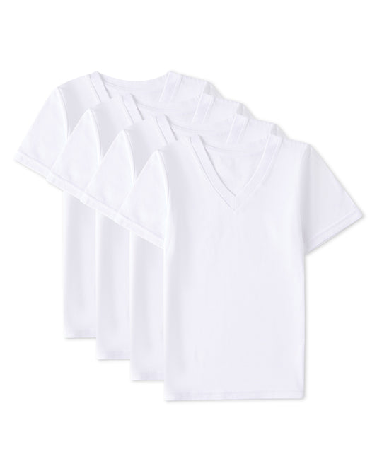 4 Pack Boys Cotton Rich V-Neck Short Sleeve Undershirts : Color: White