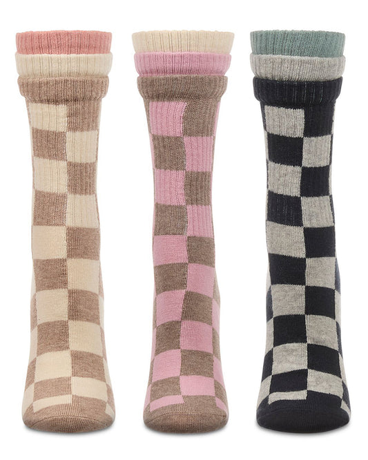 Women's 3 Pair Pack Checkmate Triple Cuff Crew Socks : Color: Black-Nude