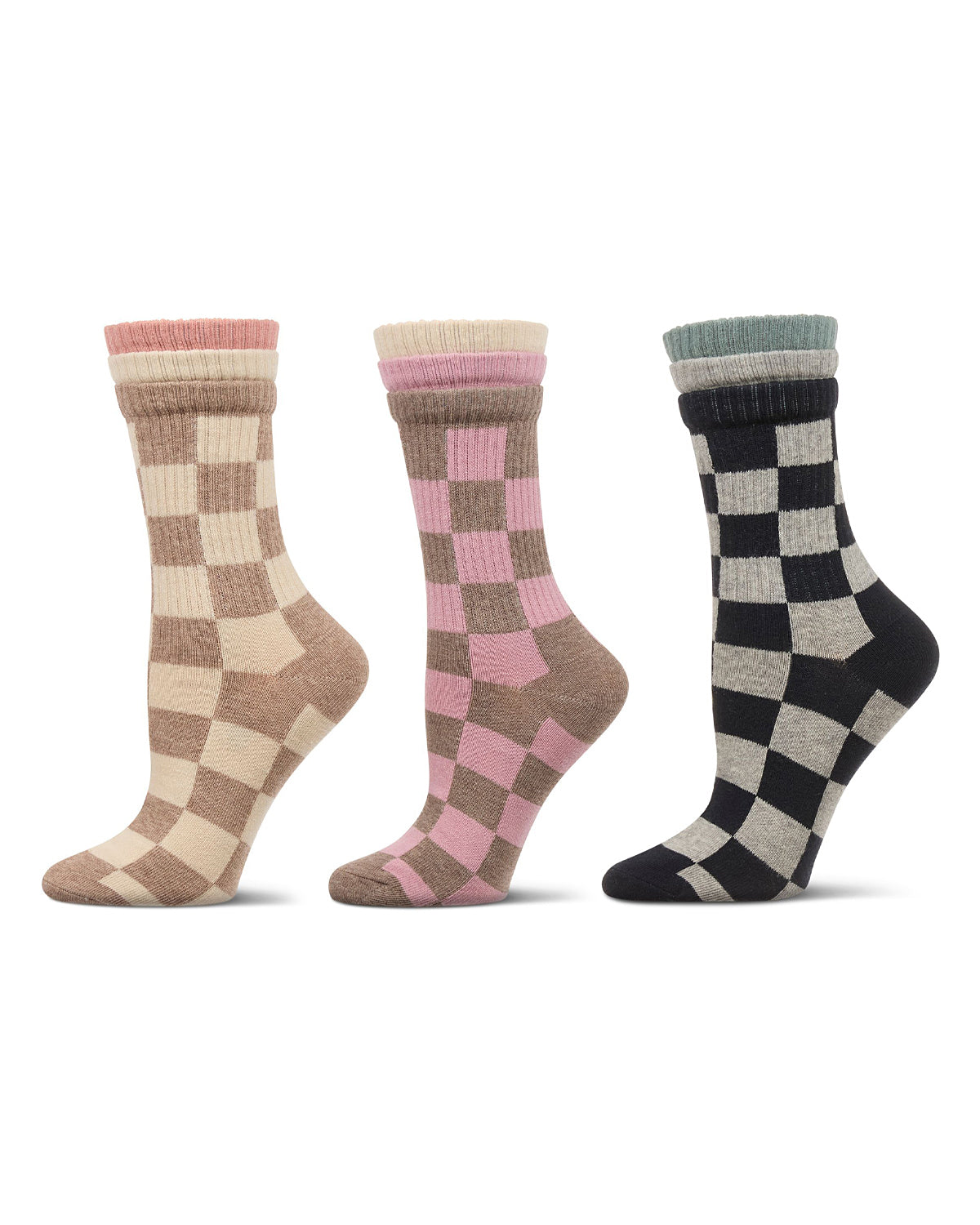 Women's 3 Pair Pack Checkmate Triple Cuff Crew Socks : Color: Black-Nude