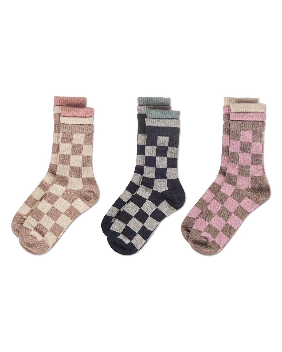 Women's 3 Pair Pack Checkmate Triple Cuff Crew Socks : Color: Black-Nude