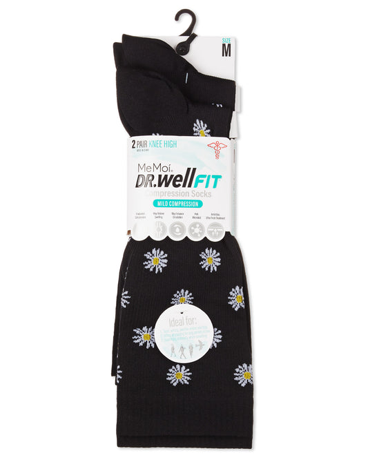 Women's 2 Pair Pack Daisy/Solid Compression Socks : Color: Black-Black