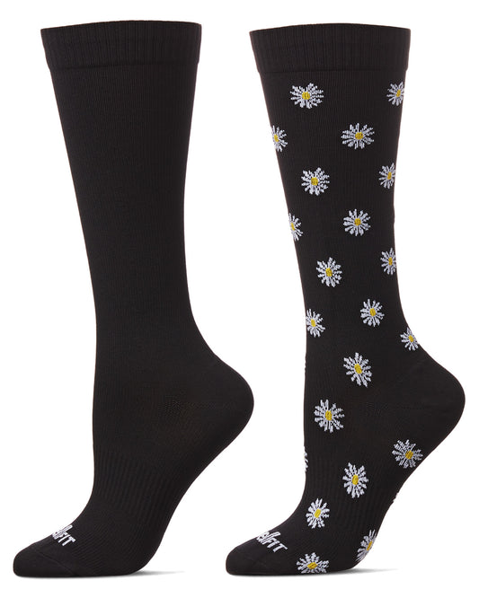 Women's 2 Pair Pack Daisy/Solid Compression Socks : Color: Black-Black