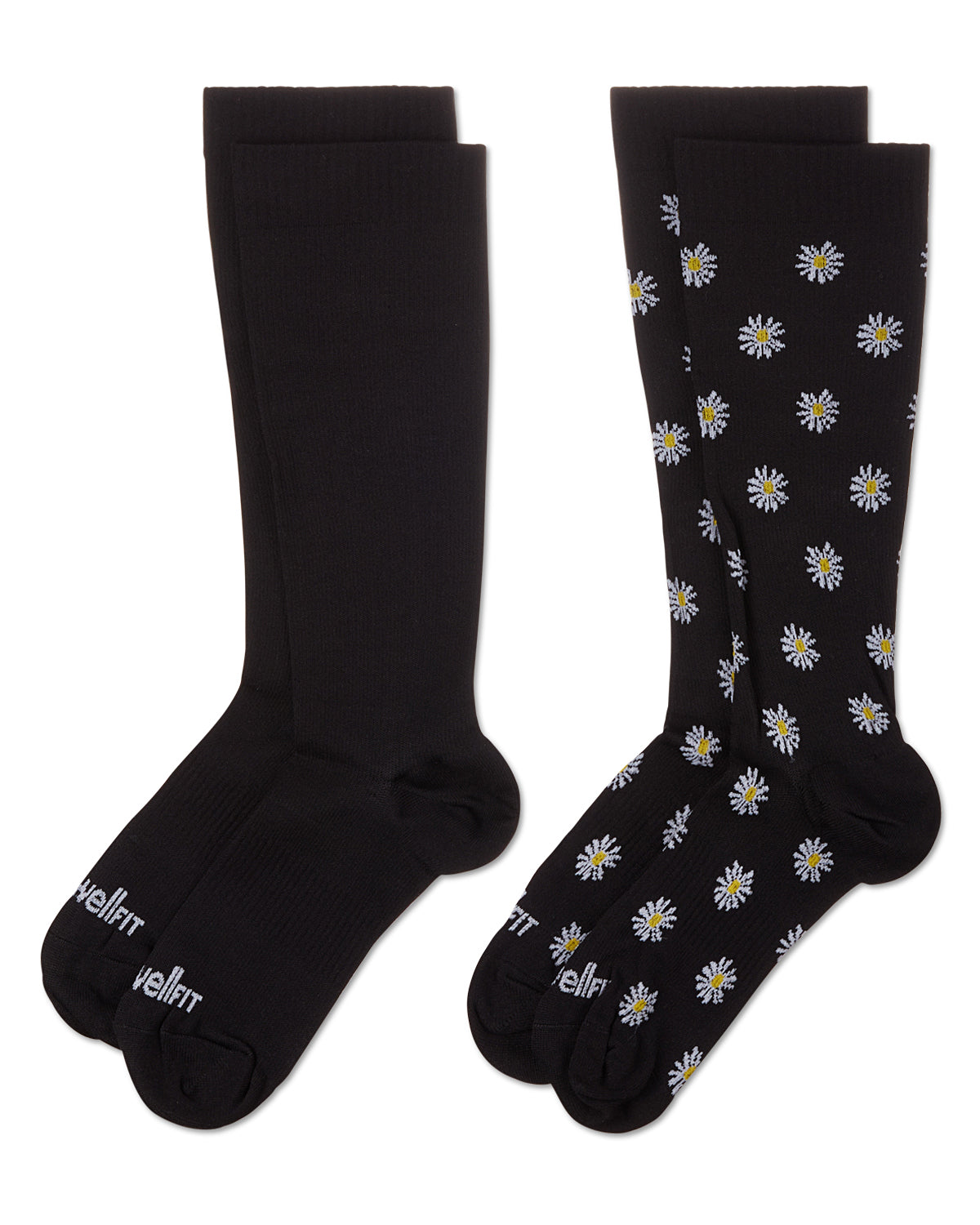 Women's 2 Pair Pack Daisy/Solid Compression Socks : Color: Black-Black