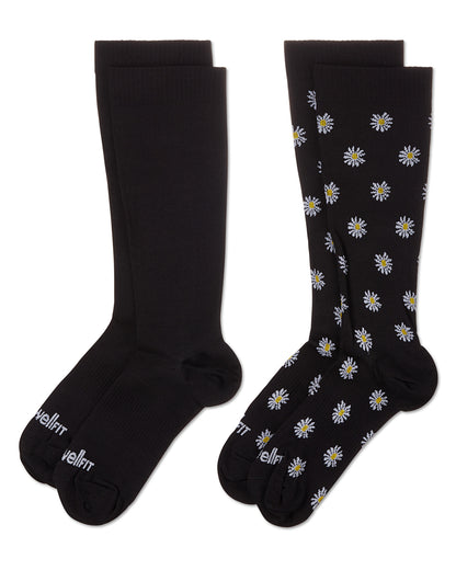 Women's 2 Pair Pack Daisy/Solid Compression Socks : Color: Black-Black