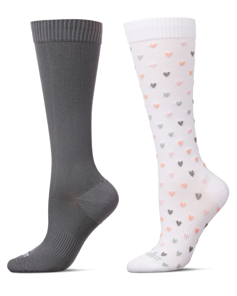 Women's 2 Pair Pack Hearts/ Solid Compression Socks