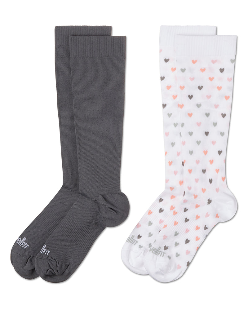 Women's 2 Pair Pack Hearts/ Solid Compression Socks
