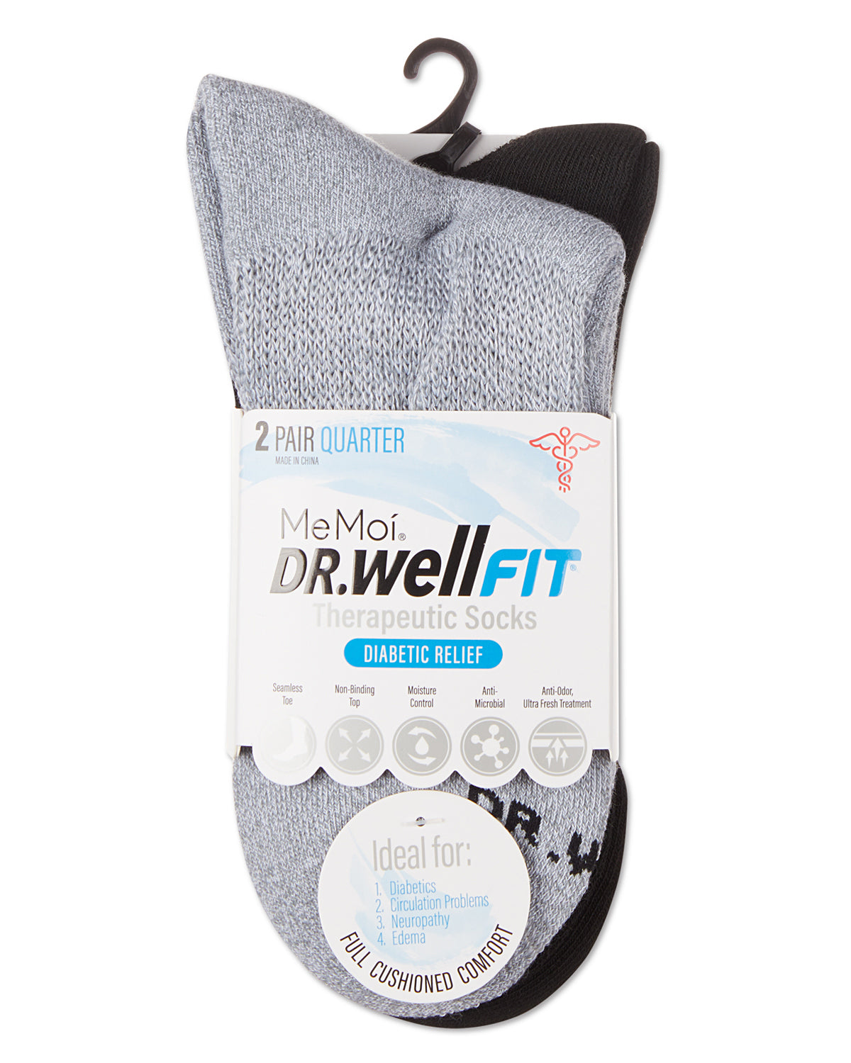 2 Pair Pack Diabetic Full Cushioned Quarter Socks : Color: Black-Black